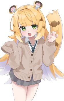 Rule 34 | 1girl, absurdres, alternate costume, animal ear fluff, animal ears, black necktie, black skirt, brown cardigan, cardigan, claw pose, colored inner hair, commentary request, cowboy shot, fang, green eyes, highres, ju fufu, long hair, looking at viewer, multicolored hair, necktie, open mouth, rihitonn, shirt, simple background, single sleeve past fingers, skirt, solo, sparkling eyes, striped fur, striped hair, tail, tiger ears, tiger girl, tiger stripes, tiger tail, white background, white shirt, zenless zone zero