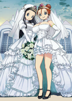 2girls black_hair black_shoes blue_eyes blue_ribbon bouquet breasts bridal_veil bride brown_hair church cleavage cloud detached_collar dragon_quest dragon_quest_viii dress flower gloves hair_bun hand_on_own_hip heart high_heels holding holding_bouquet jessica_albert large_breasts long_hair long_sleeves looking_at_viewer medea_(dq8) multiple_girls muramasa_mikado neck_ribbon princess puffy_sleeves ribbon rose shoes sky smile square_enix standing strapless strapless_dress tiara veil wedding_dress white_dress white_flower white_gloves white_rose