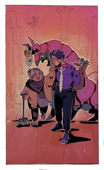 1boy 1girl :d altaria arm_up black_pants border cane closed_eyes closed_mouth collared_shirt commentary corbeau_(pokemon) gen_3_pokemon gen_5_pokemon glasses grey_hair grey_shirt hand_up highres holding indoors long_sleeves mei_(manjunii) necktie nintendo old old_woman open_mouth pants pokemon pokemon_(creature) pokemon_legends:_z-a purple_shirt scarf scolipede shirt shoes short_hair signature slippers smile standing swablu white_border