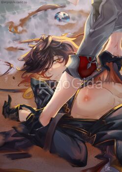 2boys absurdres beach black_dress dress ergogida genshin_impact highres imminent_penetration multiple_boys nipples official_alternate_costume pinned pinned_arms pinned_down starconch_(genshin_impact) tartaglia_(genshin_impact) twitter water yaoi zhongli_(genshin_impact)