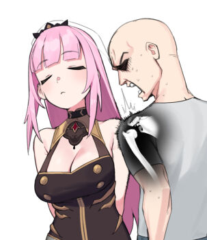 1boy 1girl blunt_bangs blush bone breasts broken_bone bumping cleavage closed_eyes commentary dasdokter derivative_work dress english_commentary highres hololive hololive_english long_hair medium_breasts mori_calliope open_mouth pink_hair shirt sweat t-shirt tiara virtual_youtuber x-ray