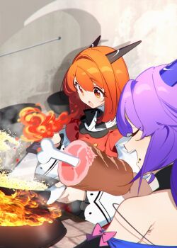2girls bare_shoulders benio_(dontsugel) boned_meat bow bowtie breath_weapon breathing_fire closed_eyes cooking dragon_girl dragon_horns eating fire flatorte_(slime_taoshite_300_nen) food fried_rice frying_pan highres holding holding_food horns kitchen laika_(slime_taoshite_300_nen) long_hair meat multiple_girls novel_illustration official_art open_mouth orange_eyes orange_hair purple_hair slime_taoshite_300_nen_shiranai_uchi_ni_level_max_ni_nattemashita wok