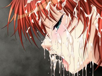 1girl after_fellatio ahegao blush cum cum_in_nose cum_on_body cum_on_hair facial game_cg half-closed_eyes in&#039;youchuu in&#039;youchuu_shoku open_mouth red_hair shiratori_takeru simple_background sweat tears tongue tongue_out
