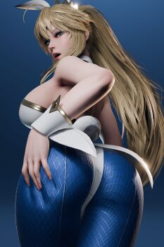 1girl 3d absurdres animal_ears artoria_pendragon_(fate) artoria_pendragon_(lancer)_(fate) artoria_pendragon_(swimsuit_ruler)_(fate) artoria_pendragon_(swimsuit_ruler)_(first_ascension)_(fate) ass bare_shoulders blonde_hair blue_pantyhose breasts card deep_skin detached_collar fate/grand_order fate_(series) fishnet_pantyhose fishnets from_behind grabbing_own_ass green_eyes hair_between_eyes highres large_breasts leotard lips long_hair looking_at_viewer looking_back pantyhose playboy_bunny playing_card ponytail rabbit_ears ryanreos solo spread_ass standing white_leotard wrist_cuffs