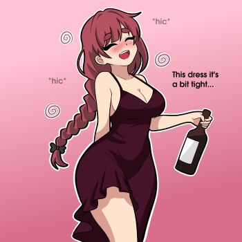 absurdres alx_draws black_bow blush bocchi_the_rock! bottle bow braid braided_ponytail breasts cleavage closed_eyes commentary dress drunk english_commentary english_text feet_out_of_frame frilled_dress frills gradient_background hair_bow hiccup highres hiroi_kikuri holding holding_bottle large_breasts long_hair open_mouth pink_background purple_dress red_hair sleeveless sleeveless_dress standing teeth thighs tight_clothes upper_teeth_only wide_sleeves wine_bottle