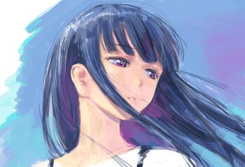 1girl blue_background floating_hair gujou_kanade highres kamiina_botan_yoeru_sugata_wa_yuri_no_hana long_hair nazo_no_anime-dan parted_lips purple_eyes purple_hair solo upper_body