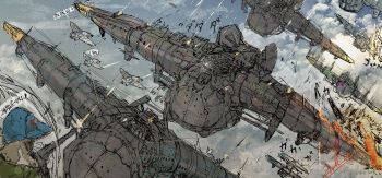 1boy absurdres aerial_battle aircraft battle bullet cloud commentary_request dogfight explosion fantasy fire firing helmet highres hiranko kaze_no_tani_no_nausicaa military military_vehicle muzzle_flash outdoors sky translation_request vehicle_focus