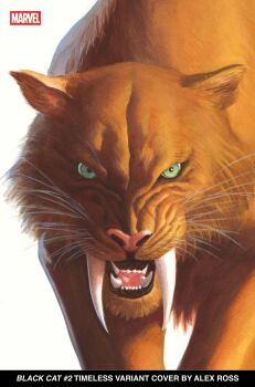 alex_ross animal_focus artist_name character_request comic_cover company_name copyright_name cover cover_page english_text green_eyes highres looking_at_viewer marvel no_humans official_art open_mouth orange_fur realistic sabertooth_cat sharp_teeth solo teeth third-party_source upper_body western_comics_(style) whiskers white_background
