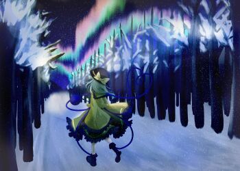 bare_tree black_boots black_hat boots bow collared_shirt commentary_request contrast_collar frilled_shirt frilled_shirt_collar frilled_skirt frills green_skirt hat hat_bow heart heart_of_string highres komeiji_koishi nebula nettian51 night scenery shirt short_hair skirt snow star_(sky) third_eye touhou tree walking winter yellow_bow yellow_shirt