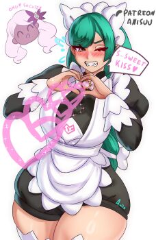 2025 2girls anisdrawn apron arm_up arms_up artist_name black_romper bow bowtie breasts brooch chibi chibi_inset closed_eyes commentary contrapposto dark-skinned_female dark_skin english_commentary english_text fascinator gen_6_pokemon green_hair happy heart heart_hands highres jacinthe_(pokemon) jewelry lebanne_(pokemon) long_hair long_sleeves low_ponytail maid maid_headdress medium_breasts multiple_girls nervous_sweating nintendo pink_hair pokemon pokemon_legends:_z-a ponytail puffy_sleeves red_lips romper shiny_skin simple_background skindentation sparkle sweat swept_bangs thick_thighs thighhighs thighs twintails very_dark_skin very_long_hair white_background white_bow white_bowtie white_thighhighs yellow_eyes