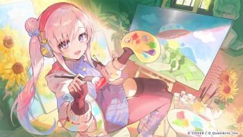 1girl :d airani_iofifteen art_brush asymmetrical_legwear black_pantyhose blue_hair breasts canvas_(object) commentary_request copyright_notice day flower gradient_hair headphones highres holding holding_brush holding_paint_palette hololive hololive_dreams hololive_indonesia hood hooded_jacket indoors jacket jewelry long_hair long_sidelocks looking_at_viewer medium_breasts miniskirt multicolored_hair necklace official_alternate_costume official_art open_mouth paint_palette paintbrush pantyhose pencil_skirt pink_hair purple_eyes purple_skirt purple_sweater ribbed_socks ribbed_sweater second-party_source shoes side_ponytail sidelocks single_leg_pantyhose single_thighhigh sitting skirt sleeves_past_wrists smile socks solo star_(symbol) star_necklace sunflower sweater sweater_tucked_in thighhighs turtleneck turtleneck_sweater uneven_legwear virtual_youtuber white_jacket white_shoes