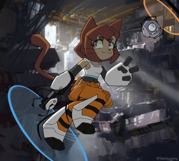 absurdres animal_ears blue_eyes cat_ears cat_girl cat_tail chell chell_(cosplay) commentary cosplay crossover english_commentary gameoverse highres jumpsuit kaboodle_(gameoverse) kit_bodega one-eyed orange_jumpsuit portal_(object) portal_(series) purple_eyes shirt sleeveless sleeveless_turtleneck tail thelickinglamp thick_eyebrows turtleneck wheatley wheatley_(cosplay) whiskers white_shirt