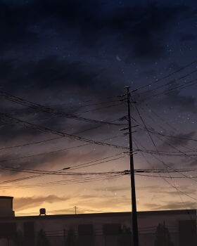 building cloud commentary_request gradient_sky half_moon highres moon no_humans original outdoors pizza_(pddc8233) power_lines scenery sky sky_focus star_(sky) starry_sky twilight urban utility_pole
