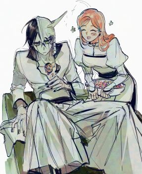 1boy 1girl black_hair black_nails bleach blush_stickers bowl breasts closed_eyes closed_mouth crossed_bangs dress facial_mark feet_out_of_frame green_eyes hair_between_eyes hair_ornament hakama hakama_pants half_mask highres holding holding_bowl inoue_orihime jacket japanese_clothes juliet_sleeves leaning_forward light_frown long_hair long_sleeves mask medium_breasts nail_polish nul open_mouth orange_hair pants puffy_sleeves short_hair sitting smile snowflake_hair_ornament ulquiorra_cifer white_background white_dress white_hakama white_jacket white_pants