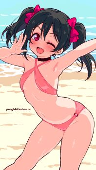 1girl :d armpits beach bikini black_hair bow breasts fanbox_username flat_chest hair_bow highres jaggy_lines loli looking_at_viewer love_live! navel o-ring o-ring_bottom one_eye_closed open_mouth pink_bikini pink_bow pink_eyes pongldr red_eyes sand sling_bikini_top smile solo swimsuit teeth twintails upper_teeth_only watermark web_address yazawa_nico