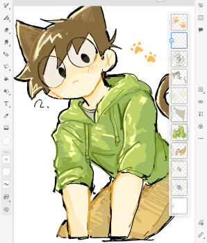 1boy ? animal_ears antenna_hair art_program_in_frame black_eyes blush brown_hair brown_pants cat_boy cat_ears cat_tail commentary_request drawstring edd_(eddsworld) eddsworld extra_ears green_hoodie highres hood hood_down hoodie kemonomimi_mode long_sleeves looking_at_viewer male_focus mettya_329 pants paw_print screencap short_hair simple_background sketch sleeves_rolled_up solo tail whiskers white_background