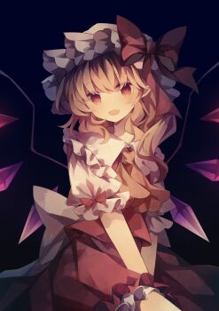 Rule 34 | 1girl, absurdres, ascot, back bow, blonde hair, bow, collared shirt, commentary, crystal, crystal wings, fang, flandre scarlet, frilled shirt collar, frills, hat, hat bow, highres, long hair, looking at viewer, mob cap, multicolored wings, one side up, open mouth, pointy ears, puffy short sleeves, puffy sleeves, red bow, red eyes, red skirt, red vest, shirt, short sleeves, skin fang, skirt, skirt set, sleeve bow, solo, touhou, utsuro (kz hokuto), vest, white bow, white hat, wings
