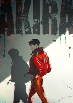 1boy akira_(manga) black_eyes black_hair commentary_request gloves highres jacket kaneda_shoutarou_(akira) looking_at_viewer male_focus pants red_jacket red_pants shadow sideways_glance solo wolfina