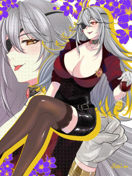 1girl breasts chain_belt cleavage commentary corset cropped_jacket cropped_shirt eyepatch grey_hair highres indie_virtual_youtuber large_breasts long_hair medium_breasts one_eye_covered oogi_illust open_mouth red_shirt shirt smile solo thighs two-sided_gloves two-tone_shirt very_long_hair virtual_youtuber zentreya zentreya_(cyborg) zentreya_(cyborg)_(zen_2.0)