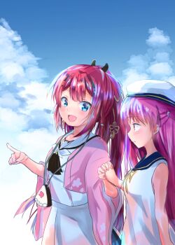 2girls :d ascot bag black_ascot blue_eyes blue_sailor_collar blue_sky blunt_bangs blush center-flap_bangs cherry_blossom_print cloud commentary cowboy_shot cumulonimbus_cloud day downturned_eyes dress floral_print floral_print_kimono from_side hair_between_eyes hair_ornament hairclip handbag hands_up happy hat highres holding_hands index_finger_raised interlocked_fingers japanese_clothes kamiyama_shiki katou_umi kimono kurage_(kurage19) long_hair long_sleeves looking_at_another multiple_girls open_clothes open_kimono open_mouth outdoors parted_lips pink_hair pink_kimono pointing pointing_forward ponytail print_kimono profile red_hair ribbon sailor_collar sailor_dress sailor_hat school_uniform serafuku shirt skirt sky sleeveless sleeveless_dress smile straight_hair summer_pockets summer_pockets_school_uniform symbol-only_commentary tassel tassel_hair_ornament very_long_hair white_dress white_hat white_sailor_collar white_serafuku white_shirt white_skirt wide_sleeves yellow_ribbon