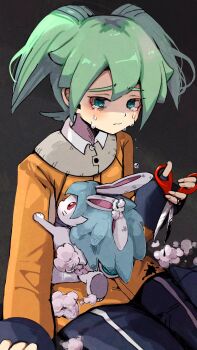 1boy @_@ black_background doll fey_rune green_eyes green_hair inazuma_eleven_go inazuma_eleven_go_chrono_stone jacket looking_at_viewer mirina1219 orange_jacket scissors simple_background solo twitter