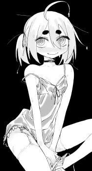 Rule 34 | 1girl, ahoge, bare shoulders, between legs, black background, black choker, black nails, blush, breasts, choker, closed mouth, collarbone, commentary, double-parted bangs, eds, english commentary, feet out of frame, garter belt, hair between eyes, hair ribbon, hand between legs, happy (eds), highres, looking at viewer, nail polish, nightgown, original, own hands together, ribbon, sidelocks, simple background, sitting, small breasts, smile, solo, strap slip, sweat, thick eyebrows, thighhighs, thighs, twintails