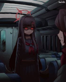 2girls absurdres artist_name black_choker black_hair black_serafuku black_shirt black_skirt blue_archive brown_hair chainsaw_man choker closed_mouth glowing glowing_eyes hair_ornament hairclip halo highres ichika_(blue_archive) kai_xin kasumi_(blue_archive) long_hair long_sleeves looking_at_another multiple_girls neckerchief off_shoulder open_mouth parody pleated_skirt red_eyes red_halo red_neckerchief red_shirt scene_reference school_uniform serafuku shaded_face shirt sketch skirt standing sweat train_interior upper_body