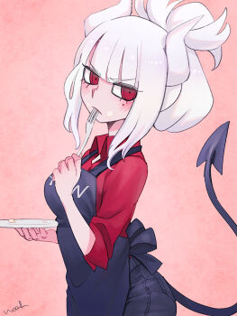 1girl absurdres apron blush demon_girl demon_horns demon_tail denim fork half-closed_eyes helltaker highres horns jeans lucifer_(helltaker) mole mole_under_eye noah_(tettsui-sole) pants plate ponytail red_eyes red_shirt shirt tail white_hair