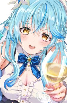 1girl absurdres alcohol bare_shoulders blue_hair blush breasts champagne cleavage dress elf glass highres hololive large_breasts lingmu long_hair looking_at_viewer open_mouth pointy_ears simple_background smile solo upper_body virtual_youtuber white_background white_dress yellow_eyes yukihana_lamy