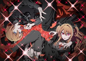 1boy 1girl absurdres anime_coloring artist_request ascot bat_wings black_bow black_bowtie black_cape black_nails black_pants black_shoes black_theme black_vest blonde_hair blue_eyes bow bowtie brooch brother_and_sister candy cape dress fangs fingernails floral_background flower food frilled_thighhighs frills garter_straps grey_ascot grey_dress grey_shirt halloween hat hat_bow highres holding holding_candy holding_food holding_lollipop hoshino_aquamarine hoshino_ruby jewelry lollipop long_hair long_sleeves looking_at_viewer mismatched_pupils nail_polish non-web_source official_art open_mouth oshi_no_ko pants pink_eyes red_bow red_flower red_nails red_rose rose rose_background rotational_symmetry shirt shoes short_hair siblings sidelocks star-shaped_pupils star_(symbol) symbol-shaped_pupils teeth thighhighs tongue tongue_out top_hat twins two_side_up vest wings