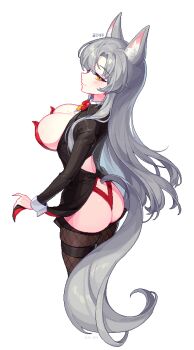 1girl 9o9bbb animal_ears animated animated_gif ass ass_cutout back_cutout black_jacket blinking breast_cutout breasts brown_thighhighs cleavage closed_mouth clothing_cutout commission cropped_legs detached_collar eun_soyeon_(lustyfox) fishnet_thighhighs fishnets fox_ears fox_girl fox_tail from_side grey_hair highleg highleg_leotard highres jacket large_breasts leotard long_hair long_sleeves looking_at_viewer looking_to_the_side mole mole_on_breast mole_under_eye orange_eyes original parted_bangs red_leotard second-party_source simple_background skindentation smile solo strapless strapless_leotard tail tail_through_clothes tailcoat thigh_strap thighhighs very_long_hair white_background