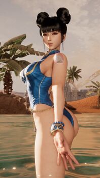 Rule 34 | 1girl, 3d, alternate costume, artist request, ass, bare shoulders, beach, black eyes, black hair, blue one-piece swimsuit, bracelet, breasts, capcom, chun-li, chun-li (cosplay), cosplay, cowboy shot, curvy, double bun, earrings, eve (stellar blade), hair bun, highleg, highleg one-piece swimsuit, huge ass, jewelry, looking back, medium breasts, official alternate costume, one-piece swimsuit, shiny skin, sky, solo, stellar blade, street fighter, street fighter 6, swimsuit, thighhighs, thong one-piece swimsuit, wide hips