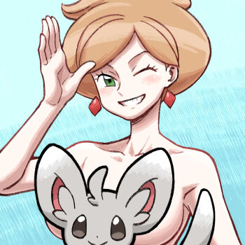 1girl arm_up armpit_peek professor_juniper black_eyes black_outline blue_background blush breasts brown_hair collarbone convenient_censoring diamond_(shape) dot_nose earrings eyelashes gen_5_pokemon green_eyes grin jewelry large_breasts large_ears looking_at_viewer mature_female minccino nintendo nude nutkingcall one_eye_closed open_hand outline palms pokemon pokemon_(creature) pokemon_bw salute short_hair smile upper_body