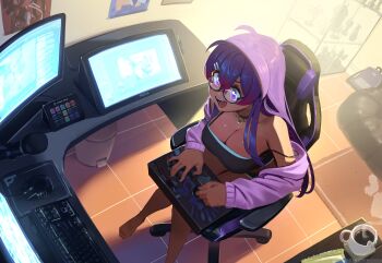 1girl barefoot black-framed_eyewear black_choker brand_name_imitation breasts chair choker cleavage commission computer_keyboard computer_mouse controller cup dark-skinned_female dark_skin drawing_tablet from_above game_controller glasses hair_between_eyes hair_ornament hairclip highres indoors large_breasts long_hair microphone monitor motion_blur mug multiple_monitors off_shoulder open_mouth original purple_eyes purple_hair semi-rimless_eyewear sitting solo strap_slip swivel_chair tostantan under-rim_eyewear