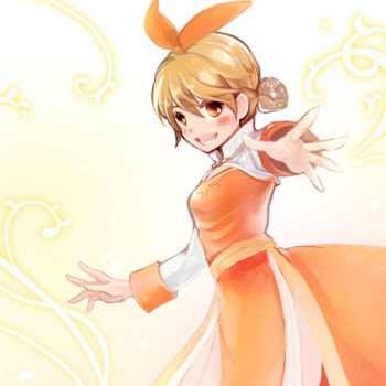Rule 34 | 1girl, arch bishop (ragnarok online), blonde hair, bow, breasts, commentary request, cowboy shot, cross, double bun, dress, gobaku no hito, hair bow, hair bun, looking at viewer, open mouth, orange bow, orange dress, orange eyes, ragnarok masters, ragnarok online, reaching, reaching towards viewer, sash, short hair, small breasts, smile, solo, two-tone dress, white dress, yellow background, yellow sash