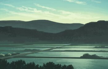 akafune cloud cloudy_sky commentary_request evening farm mountain no_humans original outdoors rice_paddy rural scenery sky
