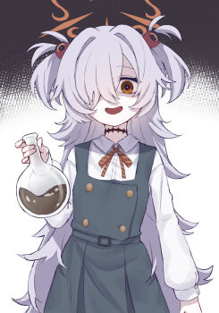 1girl absurdres black_background black_dress blue_archive bright_pupils buttons collared_shirt commentary_request diagonal-striped_ribbon double-breasted dress flask flat_chest grey_hair hair_intakes hair_ornament hair_over_one_eye halo hand_up highres holding holding_flask kanoe_(blue_archive) long_bangs long_hair long_sleeves looking_at_viewer messy_hair mojyo open_mouth orange_eyes orange_halo pale_skin parted_bangs partially_shaded_face pinafore_dress puffy_long_sleeves puffy_sleeves red_ribbon ribbon round-bottom_flask scar scar_on_neck shirt short_twintails sidelocks sleeve_cuffs sleeveless sleeveless_dress smile solo sphere_hair_ornament take-run-atelier twintails very_long_hair white_background white_shirt