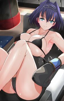 1girl arm_across_waist armpits ass bare_legs bikini black_gloves blue_eyes boxing boxing_gloves bra breasts cameltoe chain couch dripping exercising gloves hair_intakes highres hololive hololive_english knees_up large_breasts looking_at_viewer lying nonoririn on_back ouro_kronii punching_bag resting shirt short_hair sitting smile string_bikini sweat sweaty_clothes swimsuit thighs towel underwear virtual_youtuber wet