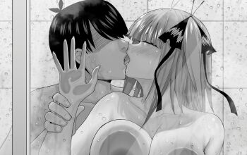 1boy 1girl against_glass bathroom breast_press breasts breasts_on_glass butterfly_hair_ornament commentary_request completely_nude faceless faceless_male french_kiss go-toubun_no_hanayome greyscale hair_ornament hair_ribbon hetero holding_another's_wrist kiss kosmos_beta large_breasts mixed-sex_bathing monochrome nakano_nino nude ribbon shared_bathing tile_wall tiles tongue tongue_out uesugi_fuutarou