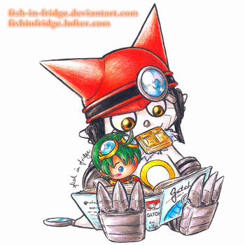 Rule 34 | appmon, artist name, blue eyes, blush stickers, book, brown eyes, character doll, chocolate, colored pencil (medium), deviantart username, digimon, digimon (creature), digimon universe: appli monsters, doll, fish-in-fridge, gatchmon, goggles, goggles on head, green hair, highres, open book, shinkai haru, simple background, sitting, traditional media, watermark, web address, white background