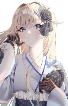 Rule 34 | 1girl, absurdres, aizawa ema, black flower, black gloves, black rose, blonde hair, blue eyes, breasts, closed mouth, commentary request, flower, gloves, hair flower, hair ornament, hand up, highres, honeyhoppin, japanese clothes, kimono, long hair, medium breasts, rose, simple background, smile, solo, upper body, virtual youtuber, vspo!, white background, white flower, white kimono, white rose