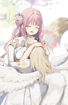 2girls anger_vein between_breasts blonde_hair blue_archive blue_flower blush breasts capelet closed_eyes dress feathered_wings flower hair_bun hair_flower hair_ornament hair_scrunchie head_hug highres large_breasts long_hair mika_(blue_archive) morishin546 multiple_girls nagisa_(blue_archive) open_mouth pink_hair purple_scrunchie scrunchie sidelocks single_side_bun white_capelet white_dress white_flower white_scrunchie wings wrist_scrunchie