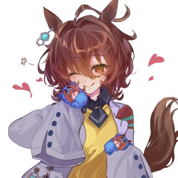 Rule 34 | 1girl, ahoge, animal ears, black shirt, brown hair, chemical structure, chibi, closed mouth, coat, collared shirt, commentary request, daiwa scarlet (umamusume), ear ornament, earrings, hair between eyes, highres, horse ears, horse girl, horse tail, huge ahoge, jewelry, kk (pixiv 83235599), lab coat, looking at viewer, one eye closed, open clothes, open coat, red eyes, shirt, short hair, simple background, single earring, smile, solo, sweater, tail, umamusume, white background, white coat, yellow sweater