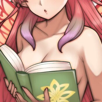 1girl book breasts eyes_out_of_frame fairy fairy_wings fire_emblem fire_emblem_heroes head_out_of_frame holding holding_book long_hair medium_breasts mirabilis_(fire_emblem) nintendo open_book parted_lips pink_hair pointy_ears rotomdocs simple_background solo upper_body very_long_hair white_background wings