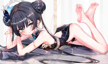 Rule 34 | 1girl, a1u, absurdres, barefoot, black dress, black hair, blue archive, butterfly hair ornament, china dress, chinese clothes, commentary, double bun, dragon print, dress, feet, hair bun, hair ornament, halo, highres, kisaki (blue archive), long hair, looking at viewer, lying, md5 mismatch, on stomach, print dress, soles, solo, the pose, toes, twintails