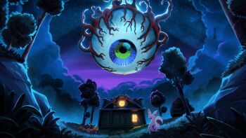 Rule 34 | boss fight, chillet ignis, cloud, cloudy sky, crossover, digtoise, eye of cthulhu, grass, green eyes, highres, house, ladder, monster, moonlight, night, official art, official wallpaper, pal (creature), palworld, rock, sky, terraria, textless version, tree, veins