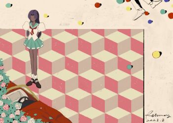 1girl arms_behind_back car dark-skinned_female dark_skin dated faceless faceless_female flower highres himemiya_anthy long_hair motor_vehicle pink_flower pink_rose purple_hair red_car red_flower red_rose relanoy rose school_uniform shoujo_kakumei_utena signature white_flower white_rose