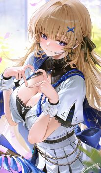 1girl adapted_costume black_bow black_collar blue_eyes blue_sash blush bow breasts cleavage closed_mouth collar cross cross_earrings earrings four-finger_heart_hands hair_bow hair_ornament heart heart_hands highres idol jewelry large_breasts looking_at_viewer microphone phoebe_(wuthering_waves) re0n sash skirt smile solo striped_bow twitter_username white_skirt white_wrist_cuffs wrist_cuffs wuthering_waves x_hair_ornament