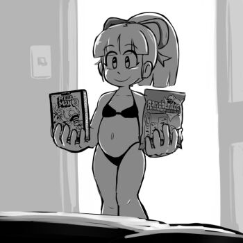 1girl bed bikini chips_(food) chocolate_cake,_gameboy_or_me?_(meme) door food fupoo hair_ribbon loli mega_man_(classic) mega_man_(series) mega_man_3 meme midriff monochrome navel open_door picket_fences ribbon roll_(mega_man) scene_reference smile solo swimsuit