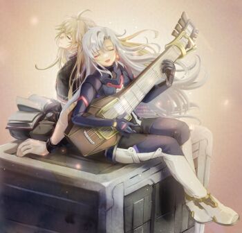 1boy 1girl a_(xenoblade) armored_bodysuit asymmetrical_bangs blonde_hair bluesky_username book closed_eyes closed_mouth commentary_request dated fon_(fon_dq) grey_hair highres instrument instrument_request long_hair music open_book open_mouth parted_lips playing_instrument shulk_(xenoblade) sitting smile twitter_username xenoblade_chronicles_(series) xenoblade_chronicles_3 xenoblade_chronicles_3:_future_redeemed